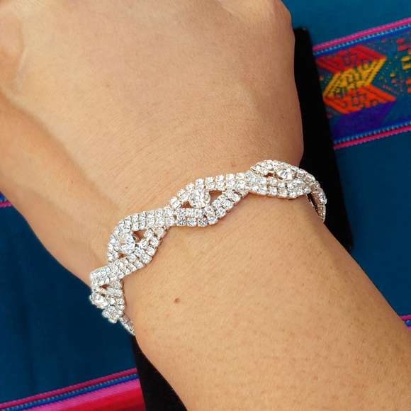 Women's Silver Tone Rhinestone Crystal Formal Bracelet Adjustable - Picture 3 of 13